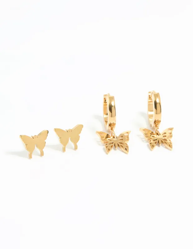Waterproof Gold Plated Stainless Steel Butterfly Earrings 2-Pack sold by lovisa