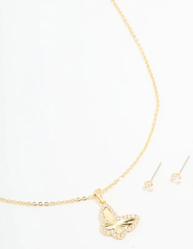 Gold Plated Cubic Zirconia Butterfly Necklace & Stud Earrings Set sold by lovisa