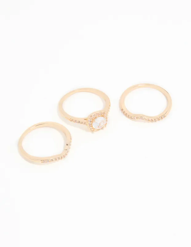 Gold Cubic Zirconia Round & Pointed Rings 3-Pack sold by lovisa