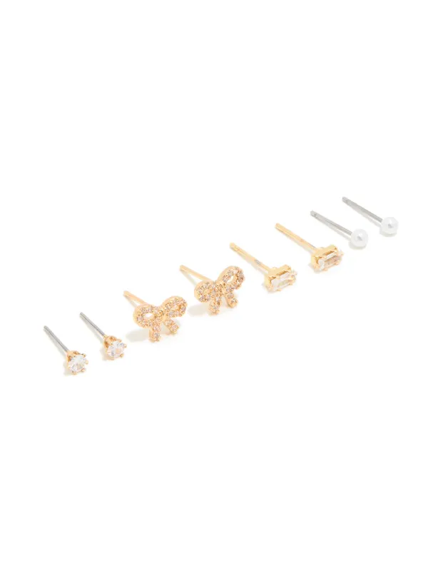 Waterproof Gold Plated Stainless Steel Cubic Zirconia & Pearl Stud Earrings 4-Pack sold by lovisa