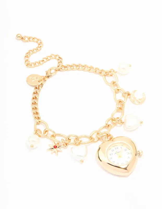 Gold Pearl Heart Charm Watch Bracelet sold by lovisa