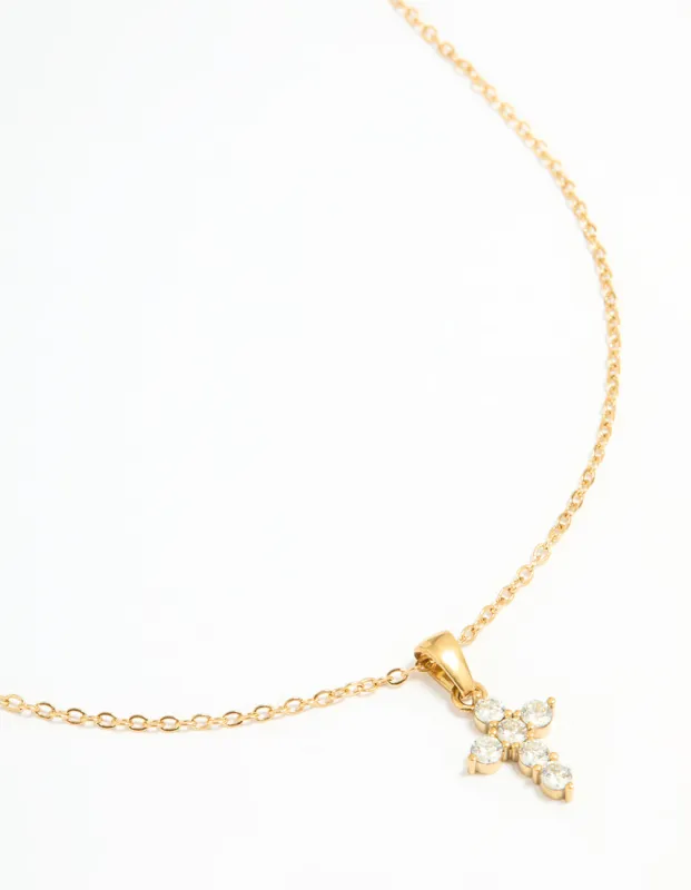 Waterproof Gold Plated Stainless Steel Cubic Zirconia Cross Pendant Necklace sold by lovisa