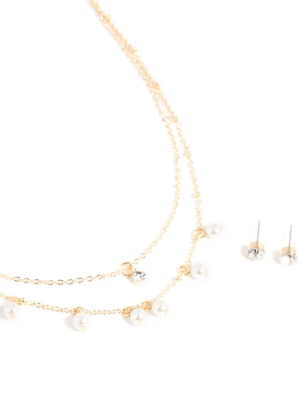 Gold Layered Pearl Necklace & Diamante Stud Earrings Set sold by lovisa