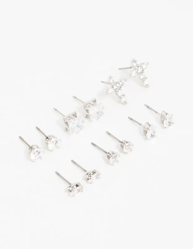 Silver Classic Cubic Zirconia Cross Stud Earrings 6-Pack sold by lovisa