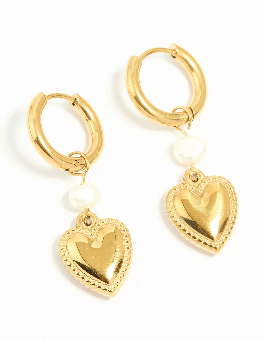 Waterproof Gold Plated Stainless Steel Pearl Heart Huggie Earrings sold by lovisa