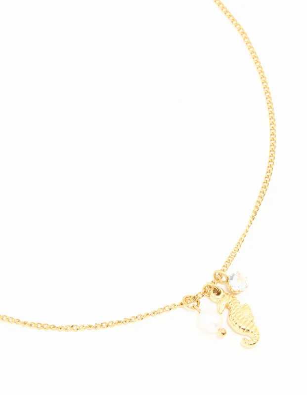 Waterproof Gold Plated Stainless Steel Freshwater Pearl Seahorse Necklace sold by lovisa