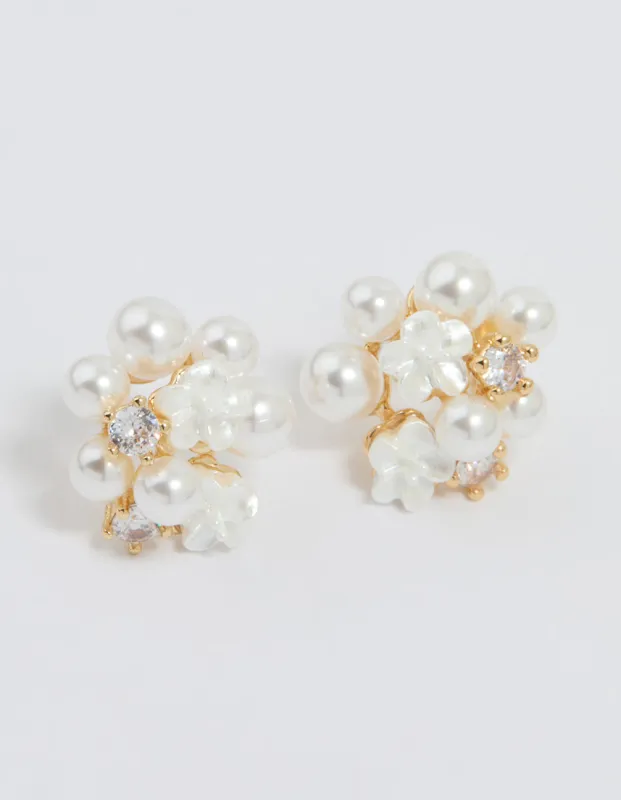 Gold Plated Cubic Zirconia Pearl Cluster Stud Earrings sold by lovisa