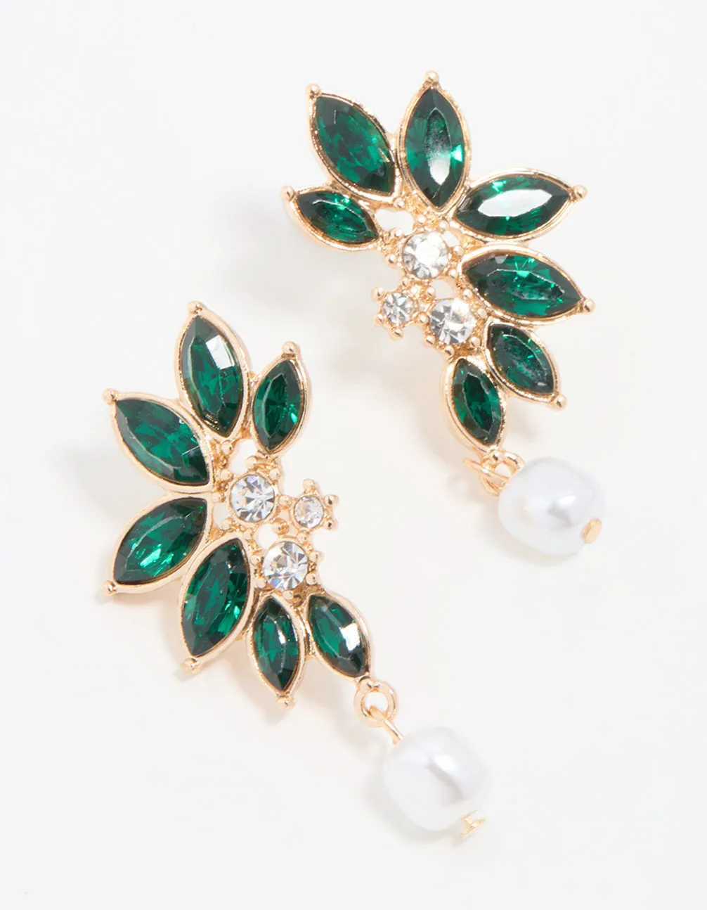 Gold Green Diamante & Pearl Marquise Stud Earrings sold by lovisa