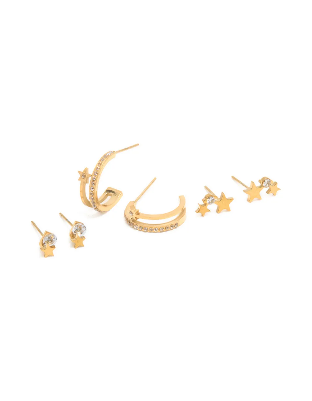 Waterproof Gold Plated Stainless Steel Cubic Zirconia Celestial Stud Earrings 3-Pack sold by lovisa