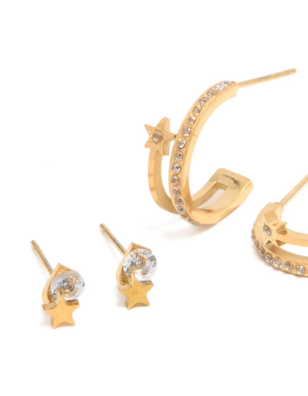 Waterproof Gold Plated Stainless Steel Cubic Zirconia Celestial Stud Earrings 3-Pack sold by lovisa product image thumbnail 2