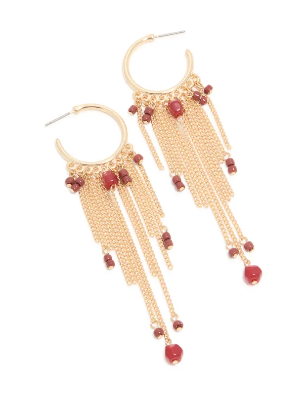 Gold Red Beaded Chain Hoop Earrings sold by lovisa