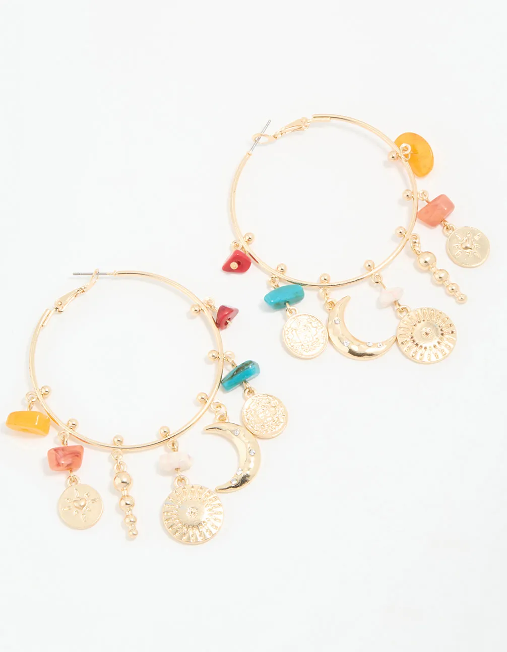 Antique Gold Multicoloured Stone & Celestial Charm Hoop Earrings sold by lovisa