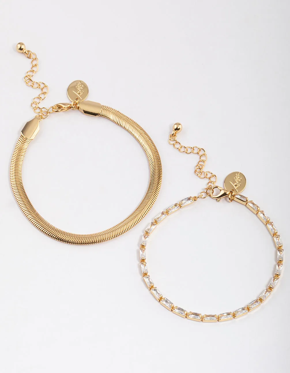 Gold Plated Cubic Zirconia Snake Chain & Baguette Tennis Bracelet Pack sold by lovisa