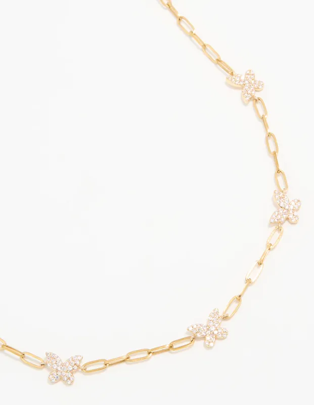Waterproof Gold Plated Stainless Steel Cubic Zirconia Butterfly Chain Necklace sold by lovisa