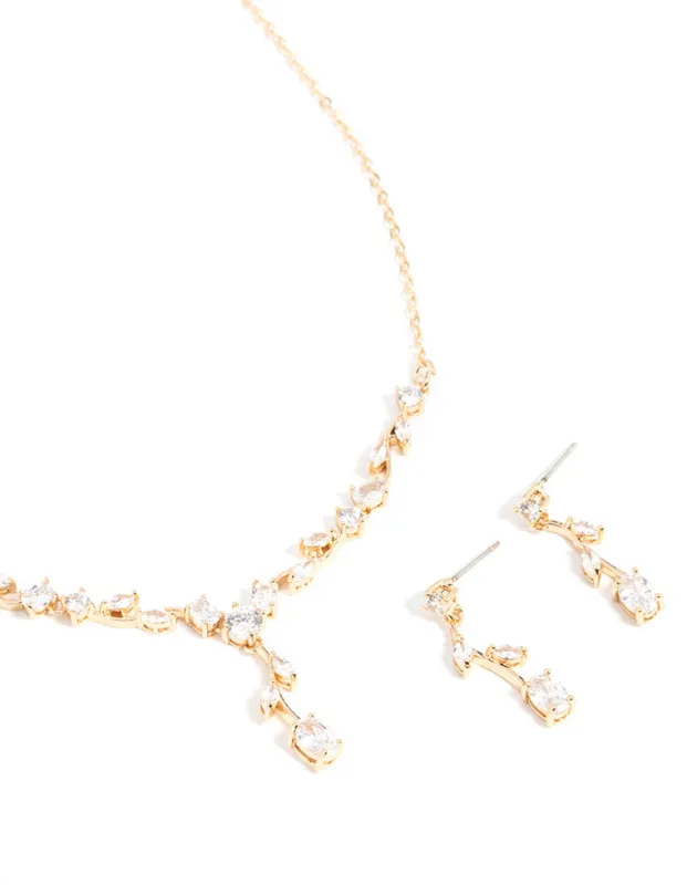 Gold Cubic Zirconia Flower Vine Necklace & Drop Earrings Set sold by lovisa