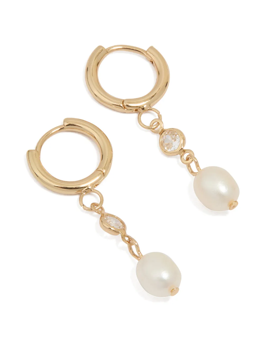 Waterproof Gold Plated Stainless Steel Cubic Zirconia Pearl Huggie Earrings sold by lovisa