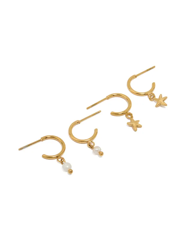 Waterproof Gold Plated Stainless Steel Pearl & Starfish Hoop Earrings 2-Pack sold by lovisa