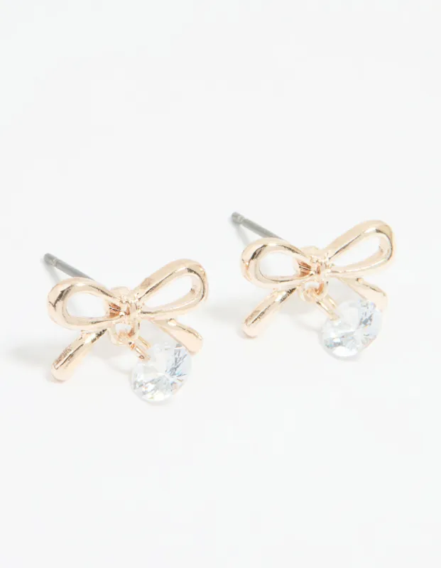 Rose Gold Diamante Bow Drop Earrings sold by lovisa