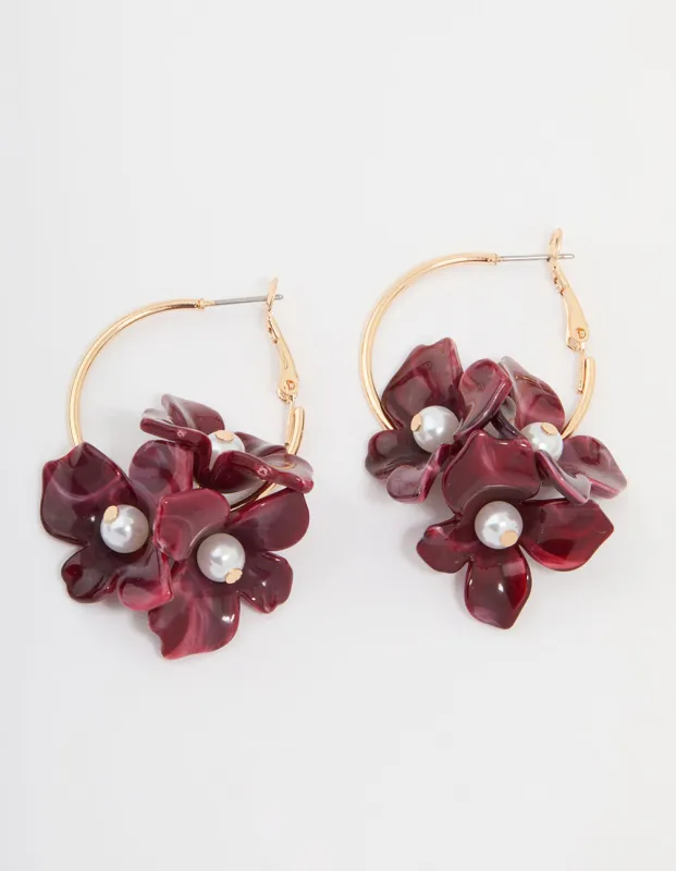 Gold Burgundy Pearl Petal Flower Drop Earrings sold by lovisa