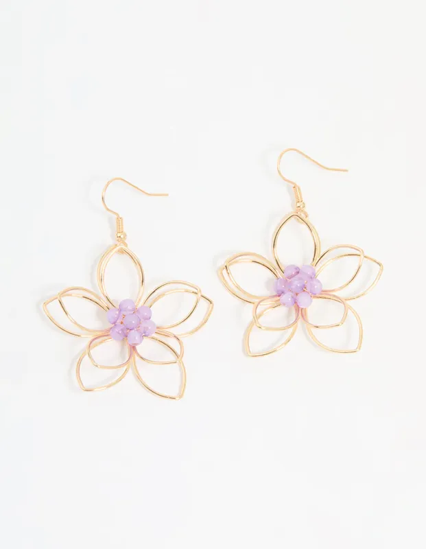 Rose Gold Purple Beaded 3D Flower Drop Earrings sold by lovisa