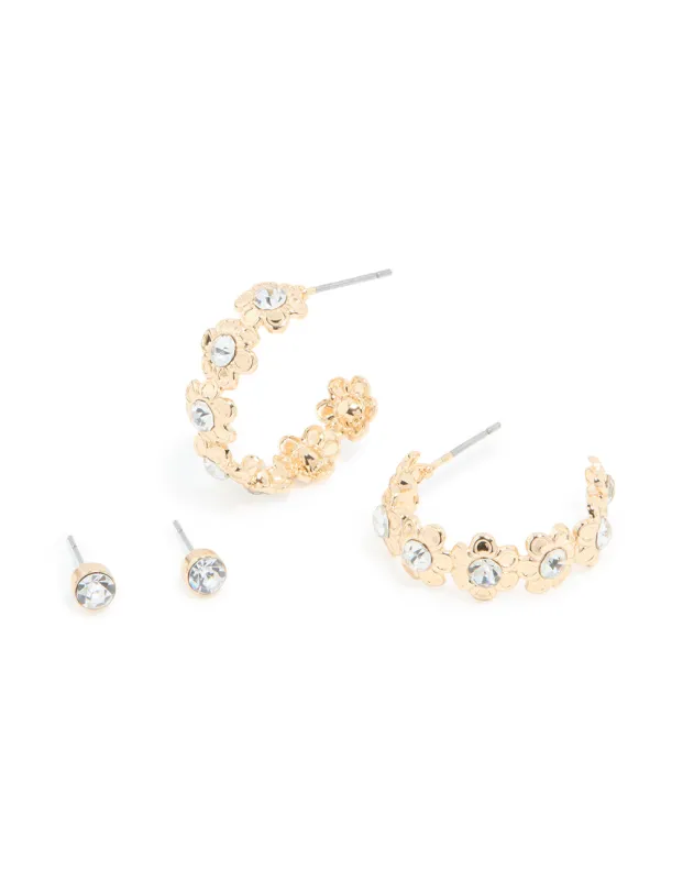 Gold Diamante Flower Hoop & Classic Stud Earrings 2-Pack sold by lovisa