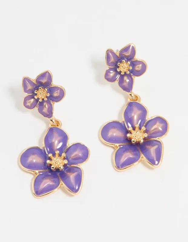 Gold Purple Tiered Flower Drop Earrings sold by lovisa