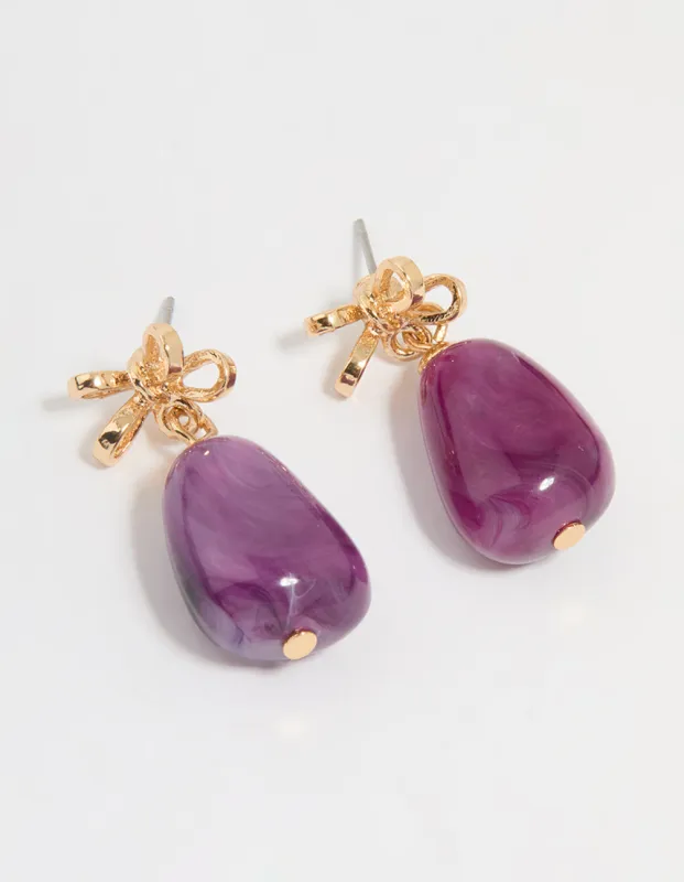 Gold Purple Stone & Bow Drop Earrings sold by lovisa