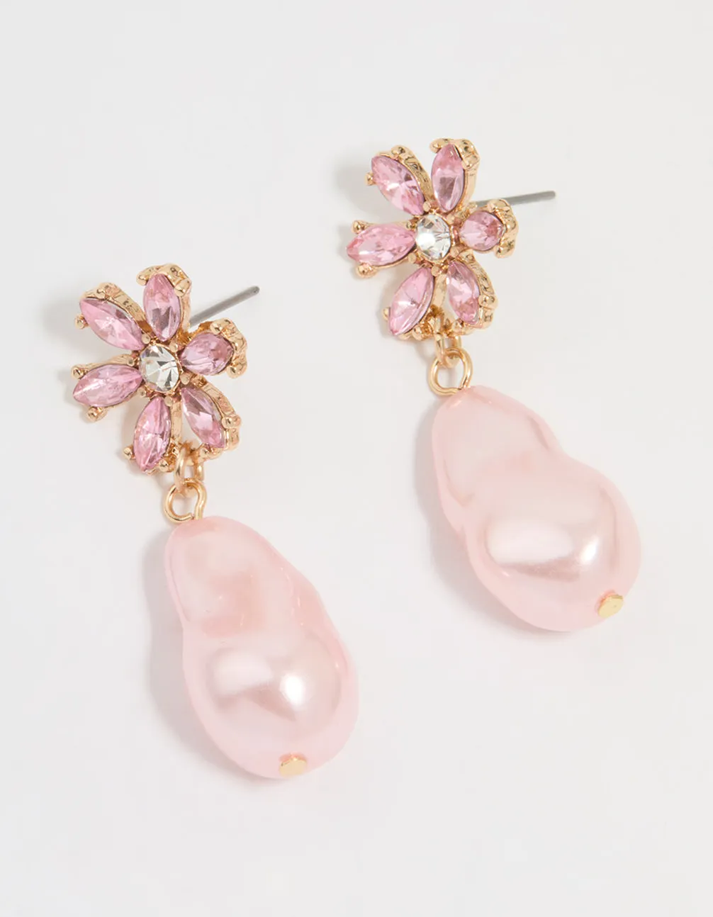 Gold Diamante & Pink Pearl Flower Drop Earrings sold by lovisa
