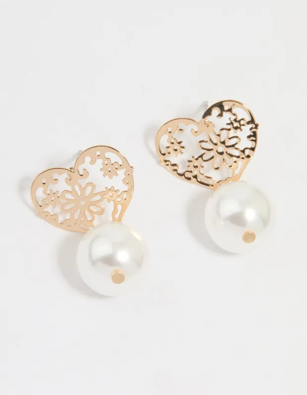 Gold Pearl Textured Heart Drop Earrings sold by lovisa