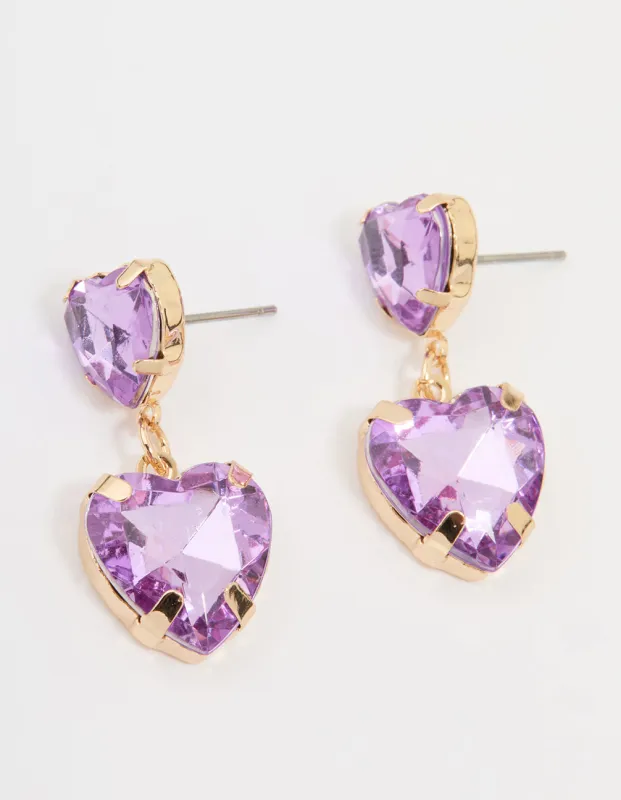 Gold Purple Diamante Heart Drop Earrings sold by lovisa