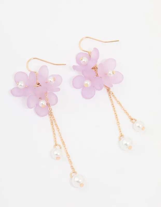 Gold Pearl & Pink Flower Chain Drop Earrings sold by lovisa