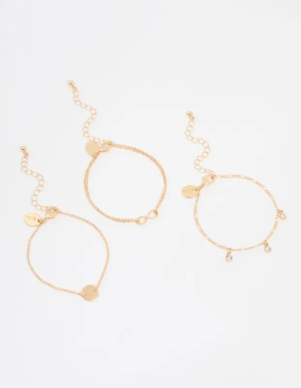 Gold Diamante Infinity Circle Bracelets 3-Pack sold by lovisa