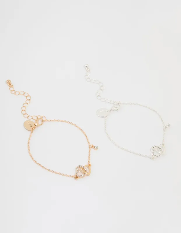Mixed Metal Diamante Heart Link Bracelets 2-Pack sold by lovisa