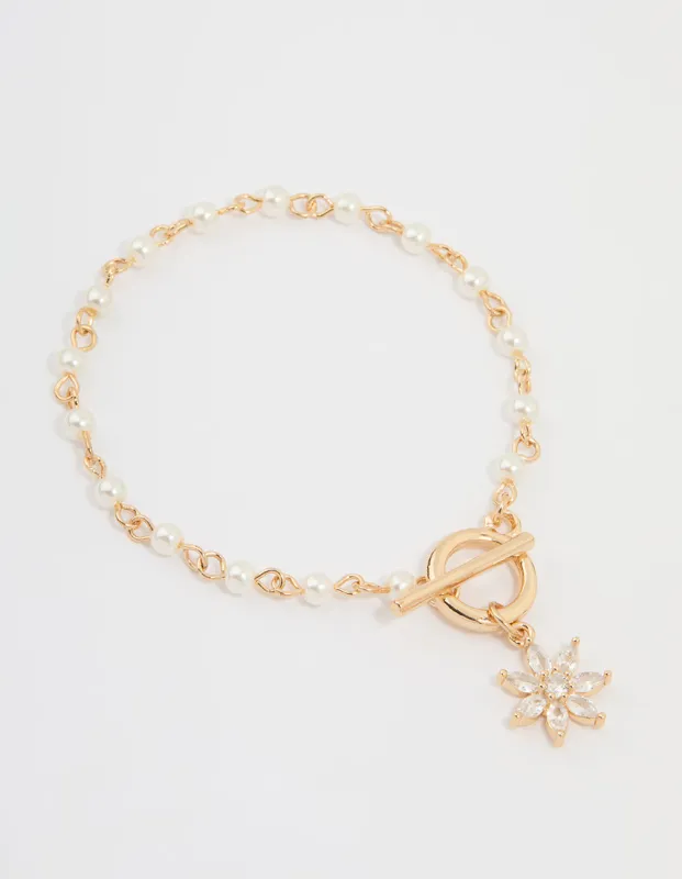 Gold Pearl Cubic Zirconia Flower T&O Bracelet sold by lovisa