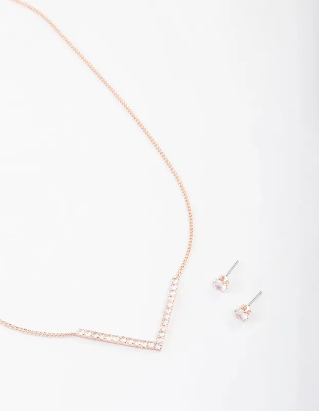 Rose Gold Cubic Zirconia V Necklace & Stud Earrings Set sold by lovisa