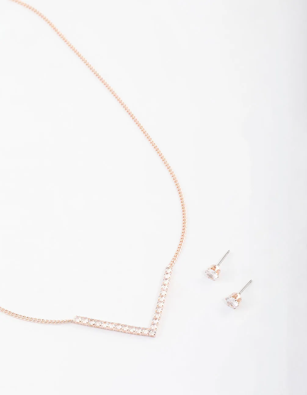 Rose Gold Cubic Zirconia V Necklace & Stud Earrings Set sold by lovisa