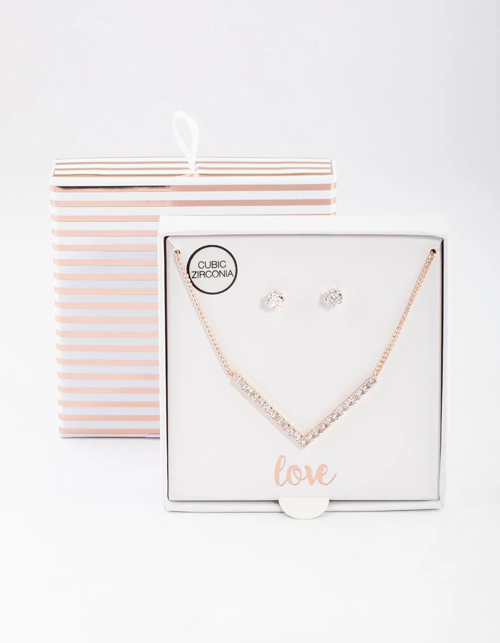 Rose Gold Cubic Zirconia V Necklace & Stud Earrings Set sold by lovisa product image thumbnail 4