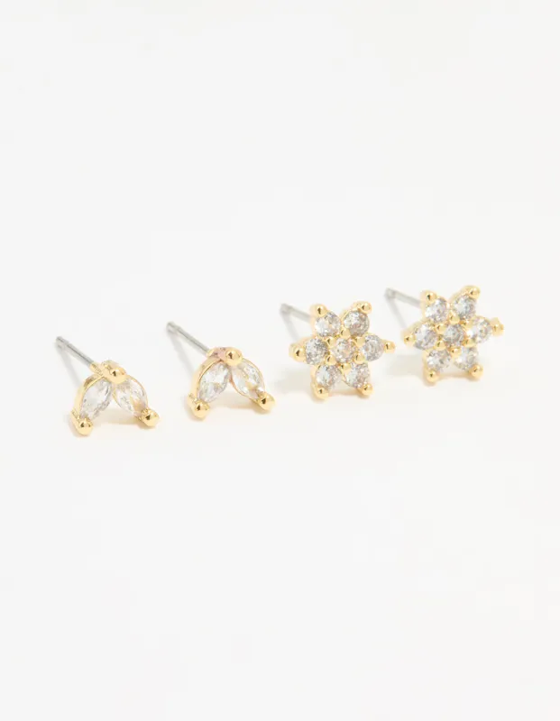 Gold Plated Cubic Zirconia Flower & Leaf Stud Earrings 2-Pack sold by lovisa