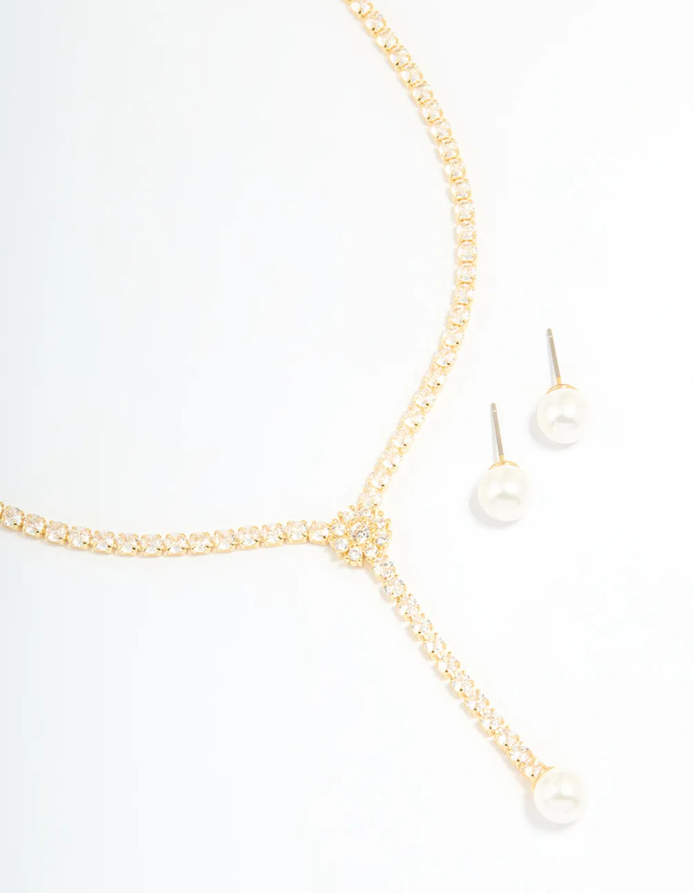 Gold Plated Pearl Flower Cubic Zirconia Y-Necklace & Earrings Set sold by lovisa