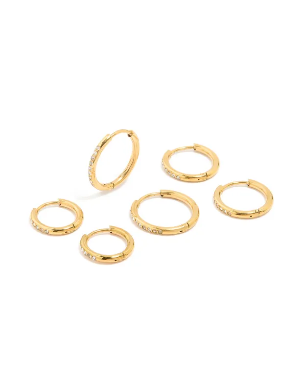 Waterproof Gold Plated Stainless Steel Cubic Zirconia Clicker Hoops 3-Pack sold by lovisa