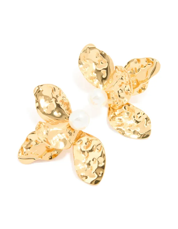 Waterproof Gold Plated Stainless Steel Large Flower Pearl Stud Earrings sold by lovisa