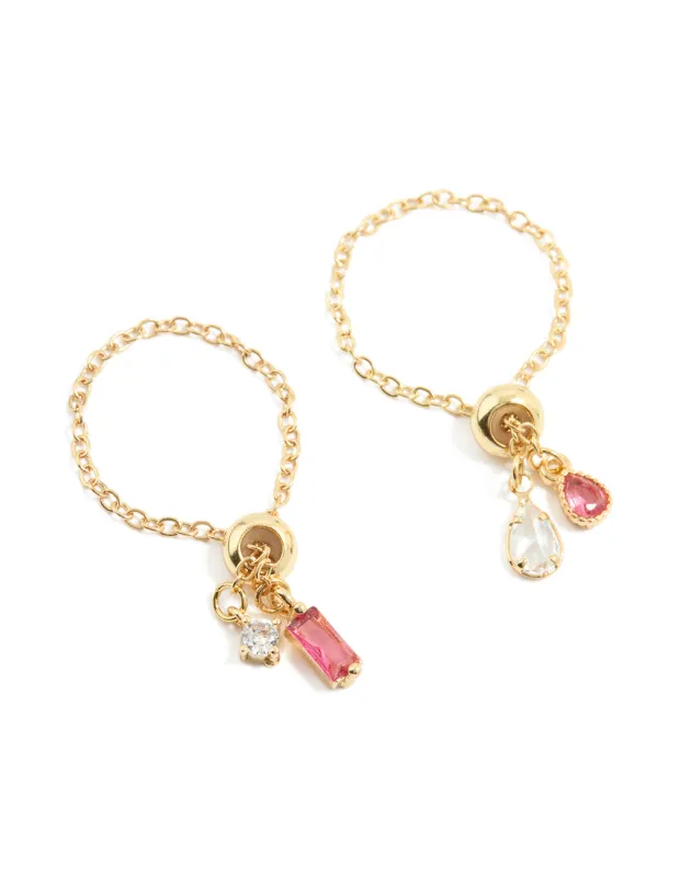 Gold Pink & Clear Cubic Zirconia Adjustable Chain Rings 2-Pack sold by lovisa