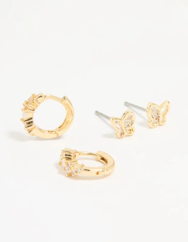 Gold Plated Cubic Zirconia Butterfly Huggie & Stud Earrings 2-Pack sold by lovisa
