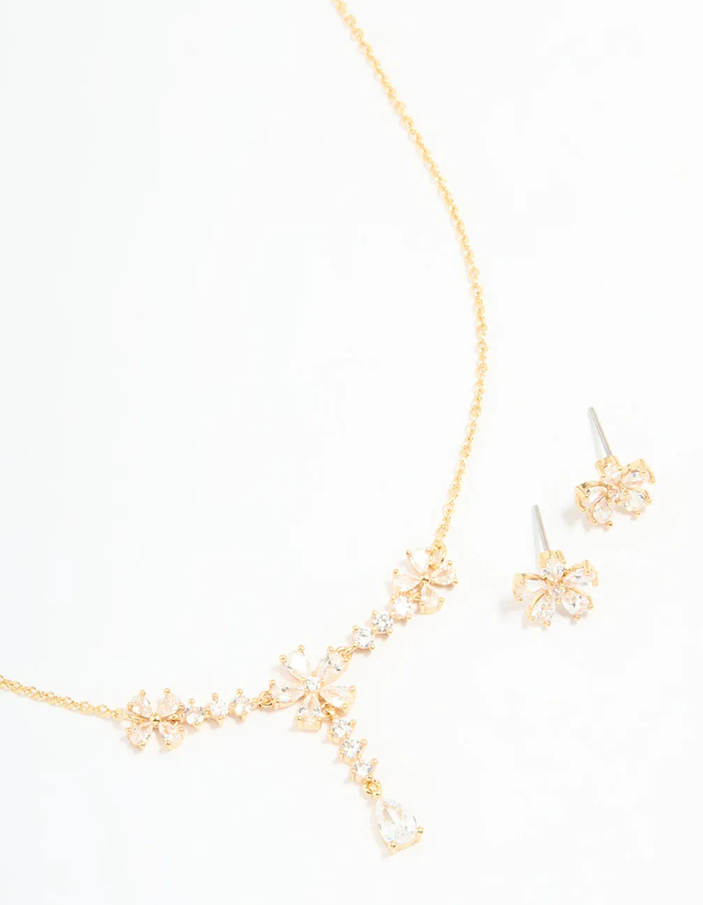 Gold Plated Cubic Zirconia Flower Drop Necklace & Earrings Set sold by lovisa