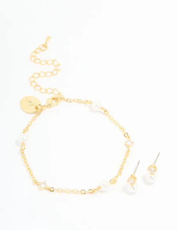 Gold Plated Cubic Zirconia Pearl Bracelet & Earrings Set sold by lovisa