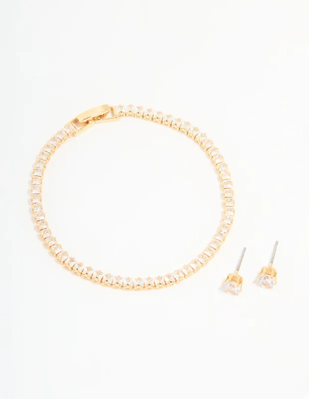 Gold Plated Cubic Zirconia Tennis Bracelet & Earrings Set sold by lovisa