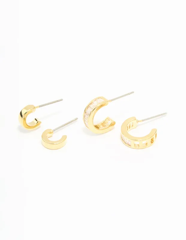 Gold Plated Cubic Zirconia Plain & Baguette Hoop Earrings 2-Pack sold by lovisa