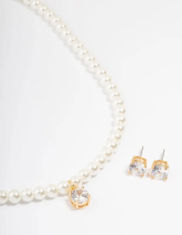 Gold Plated Pearl & Cubic Zirconia Necklace & Earring Set sold by lovisa