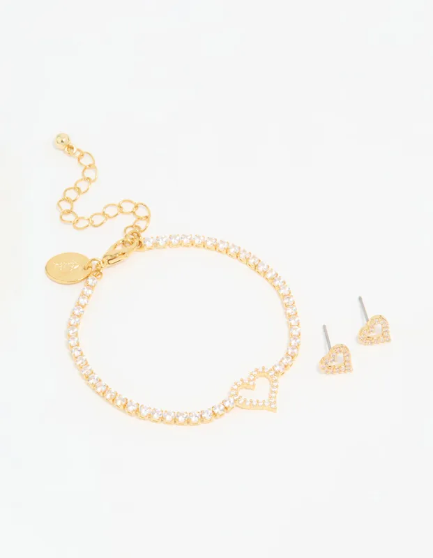 Gold Plated Cubic Zirconia Heart Outline Tennis Bracelet & Earrings Set sold by lovisa