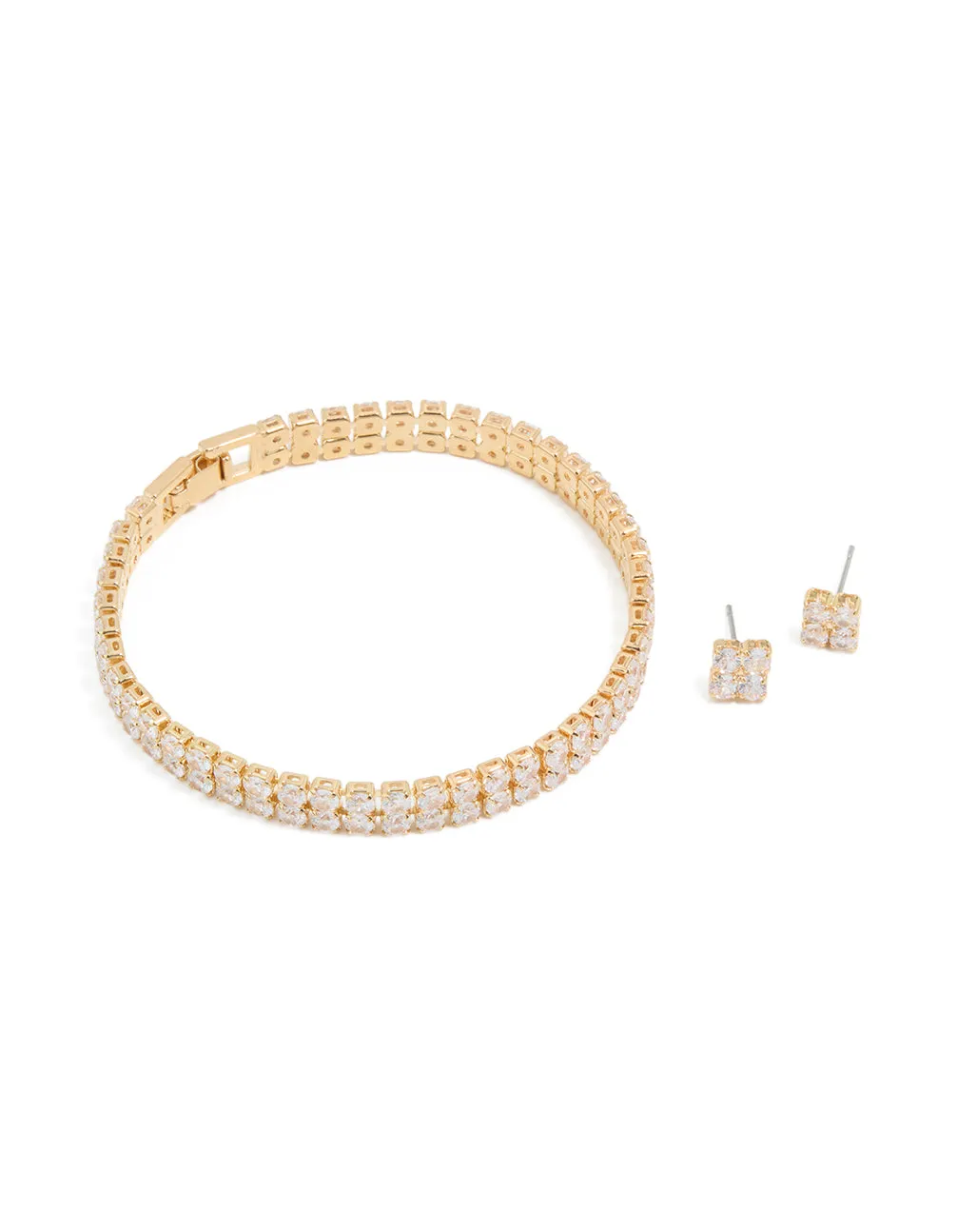 Gold Cubic Zirconia Tennis Bracelet & Earrings Set sold by lovisa